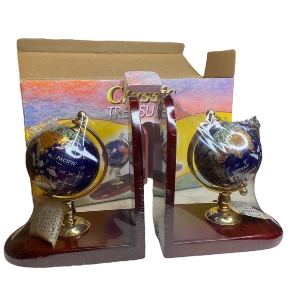 Classic Treasures Vintage Lapis Gemstone Globe Bookends with box - Picture 1 of 8